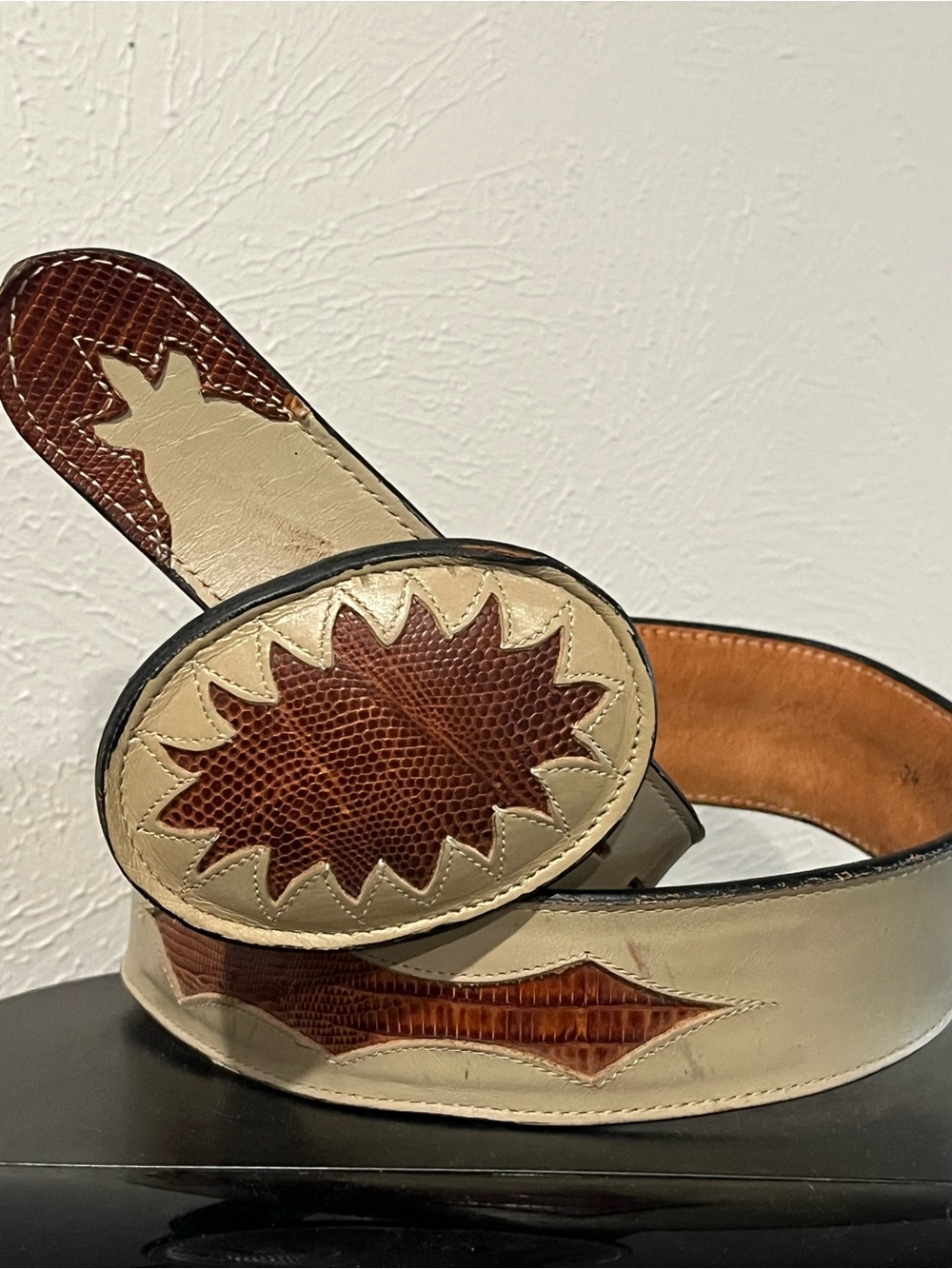 Tony Lama Cream and Brown Western Leather Belt with Oval Buckle